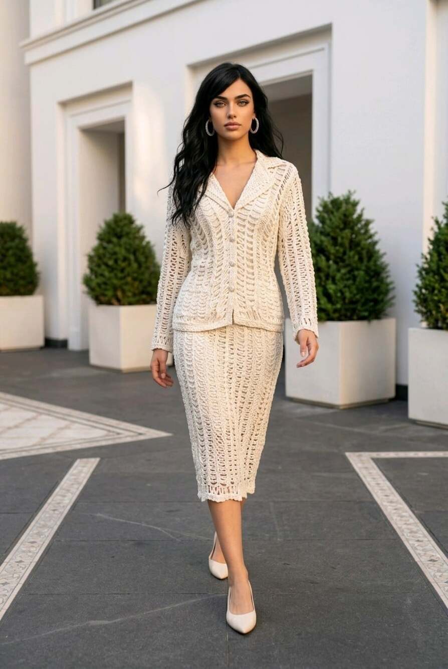 Beige Open Crochet Sutton Studio Suit Set Mini Pencil Skirt, Long Sleeve Jacket